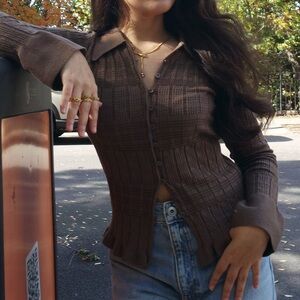 Brown Button-Up Knit Top